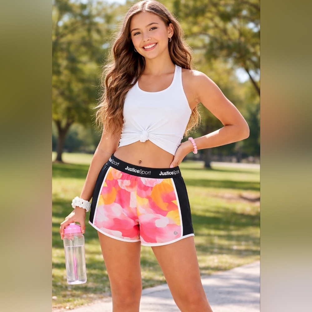 Justice Girls Athletic Shorts Sport Camo XL 18 Pink Orange Lined Summer Camp